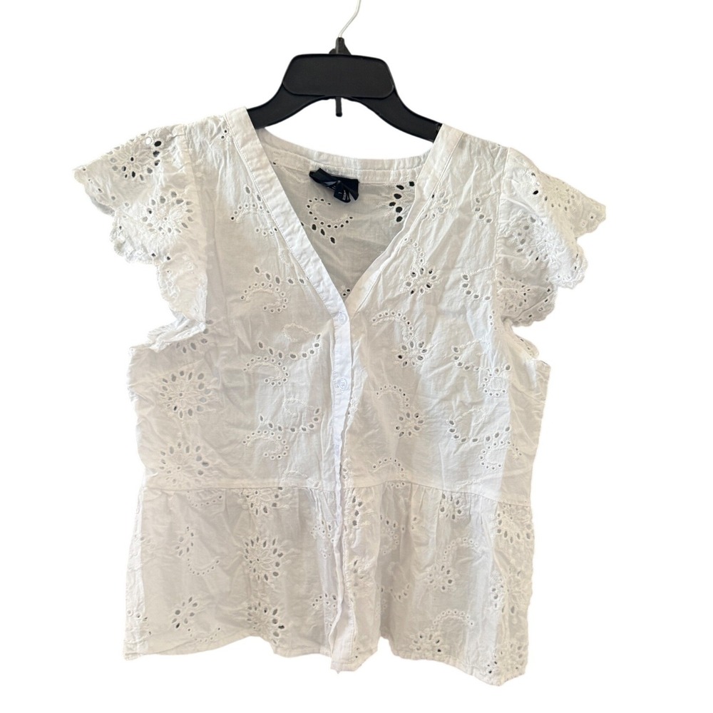 Liv Los Angeles Womens White Eyelet Lace Button Front Peplum Top‎ Ruffle Cottage